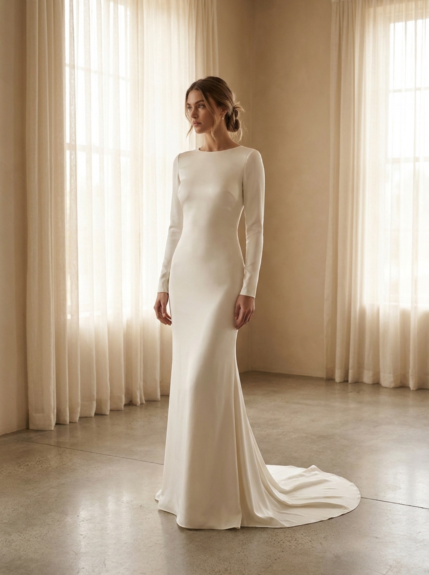 Monique Lhuillier blush mermaid gown with embroidered silk train