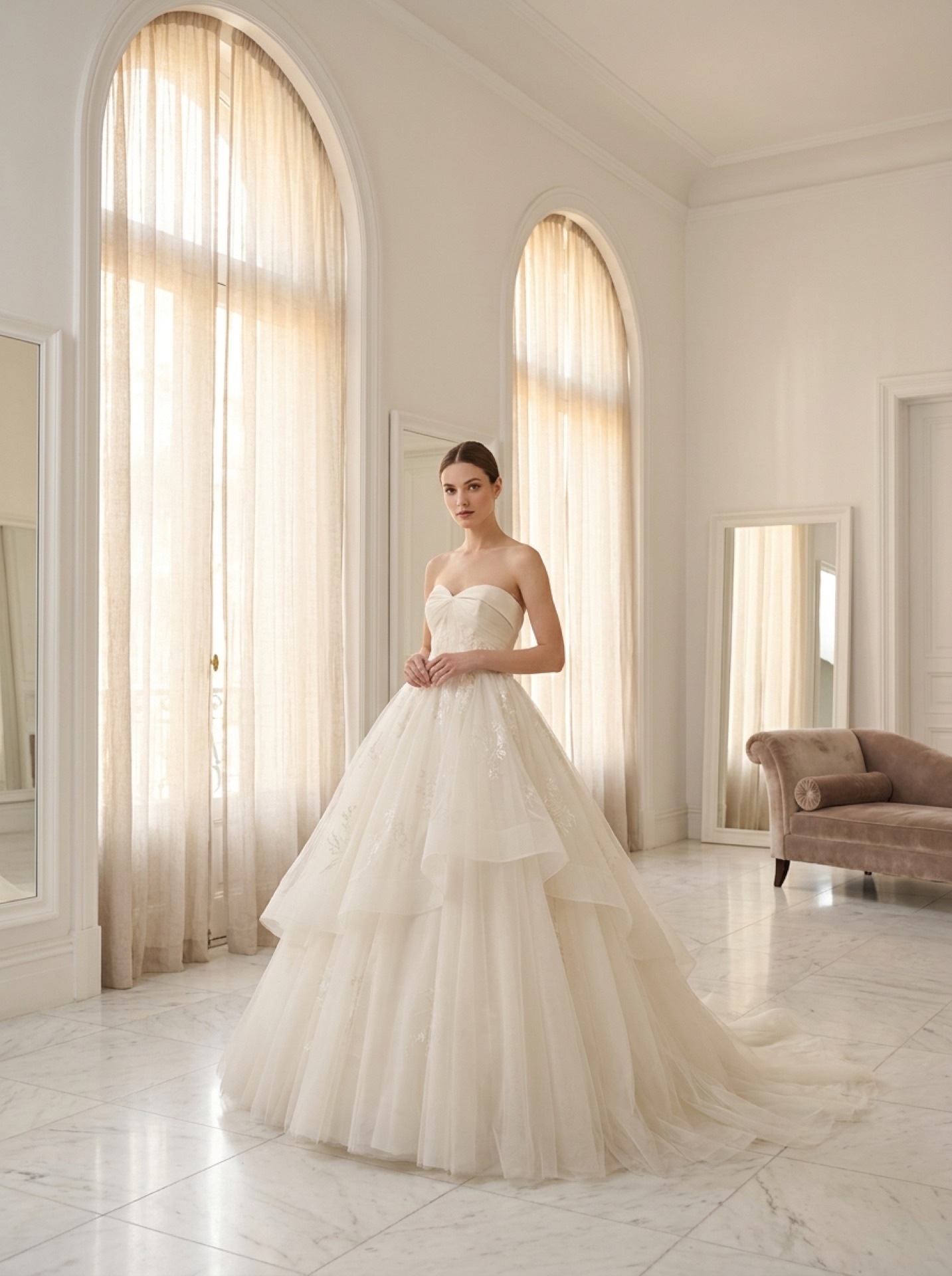Reem Acra crystal-encrusted strapless bridal gown with full skirt