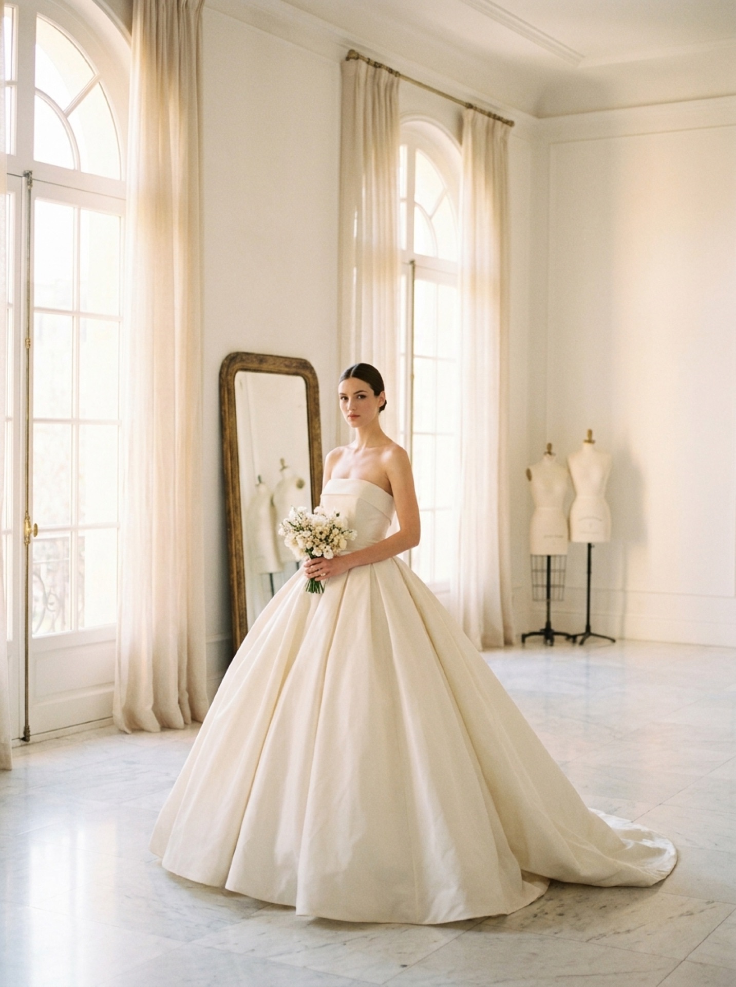 Reem Acra duchess satin ballgown with jewelled belt and train